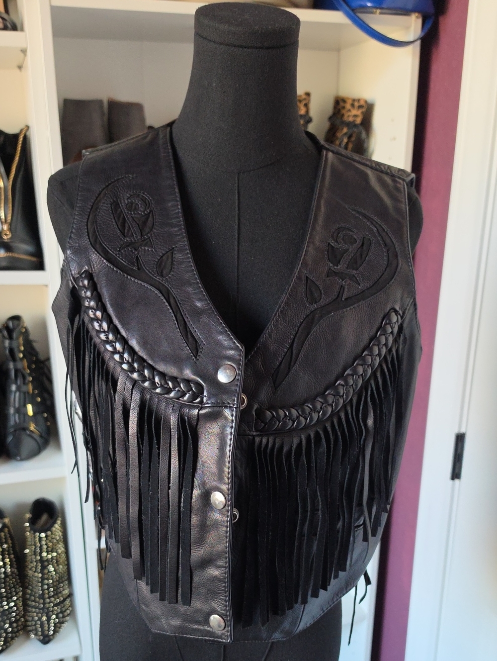 Vintage Women's Black Leather Fringe Vest with Braided Trim